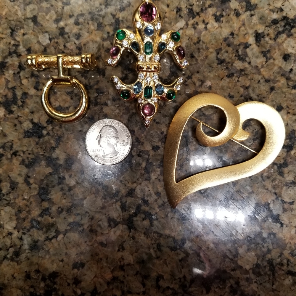 2 Gold Brooches & Fleur De Lis Bolo Slide Clip
